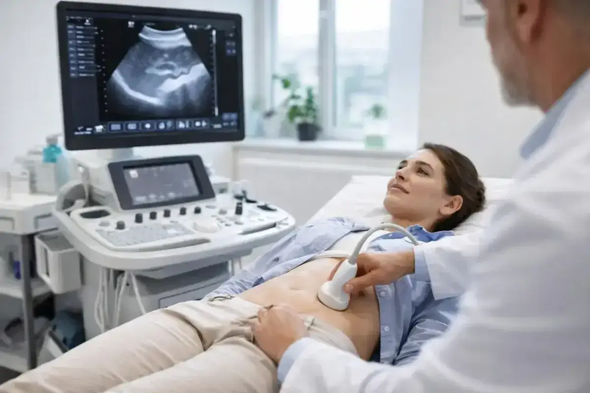 Lekarz wykonuje badanie usg jamy brzusznej, które wykrywa zmiany w narządach wewnętrznych. Pacjentka leży na kozetce, a na monitorze widoczny jest obraz ultrasonograficzny.