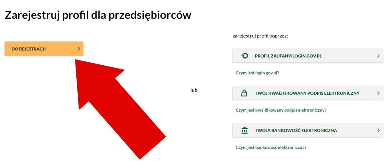 Zarejestruj profil przedsiębiorcy przez bank lub profil zaufany. Czerwona strzałka wskazuje przycisk 