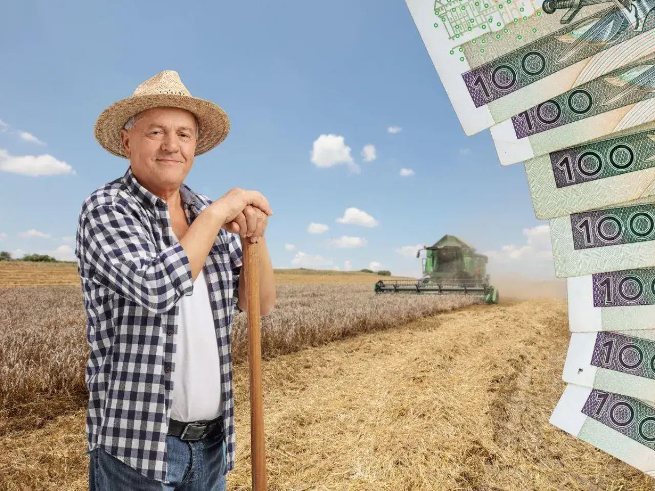Rolnik z widłami na polu pszenicy, w tle kombajn i stos banknotów 100 zł. Zastanawiasz się, jaka emerytura z KRUS ile wynosi netto?
