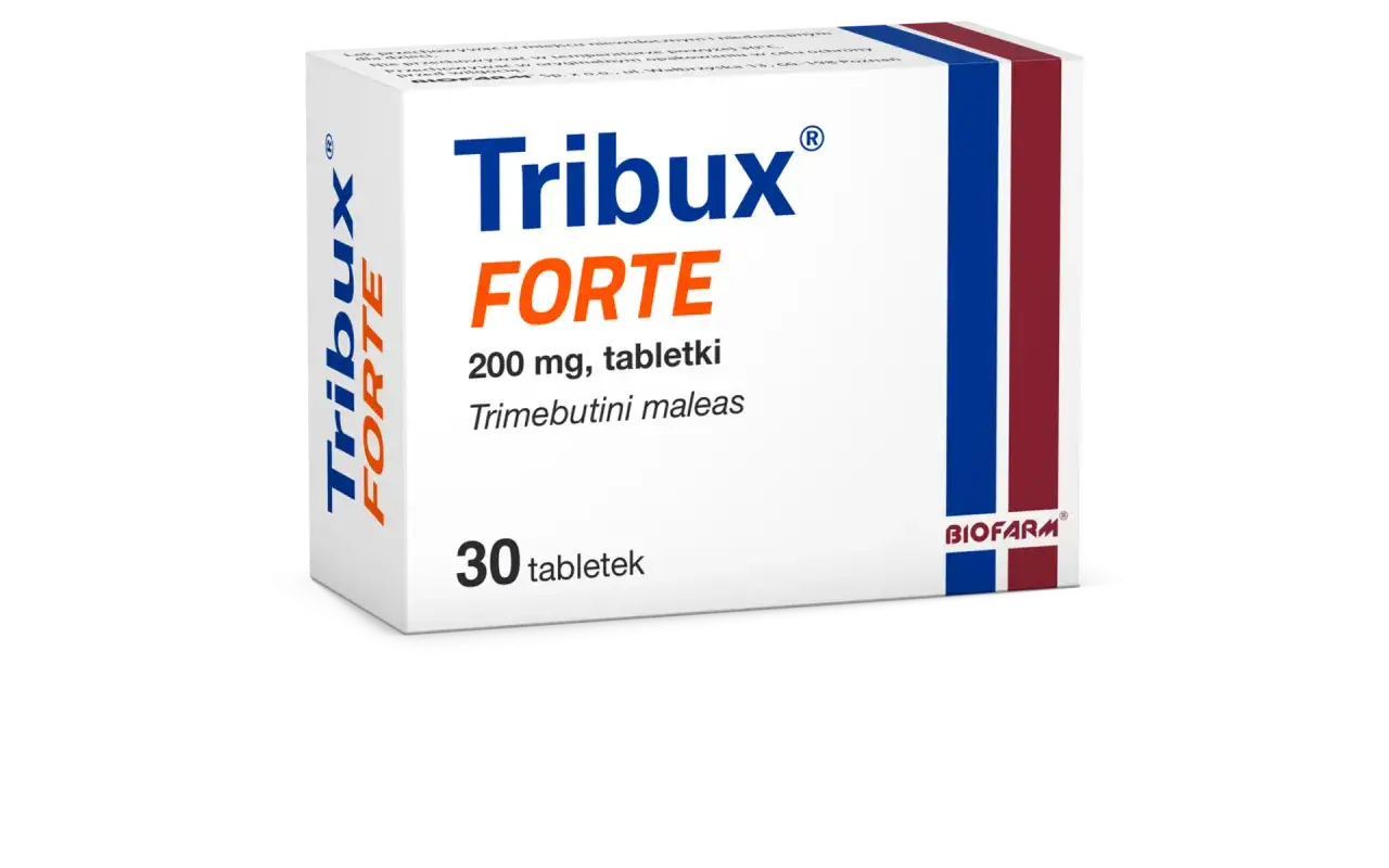 Opakowanie leku Tribux FORTE 200 mg, zawierające 30 tabletek z maleinianem trimebutyny.