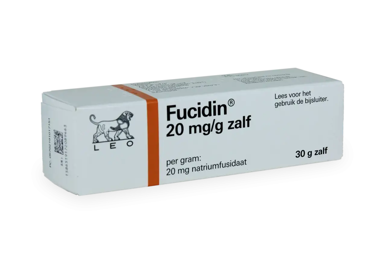 Op opakowaniu Fucidin 20 mg/g zalf, z lwem LEO. Zawiera 20 mg natriumfusidaat na gram.