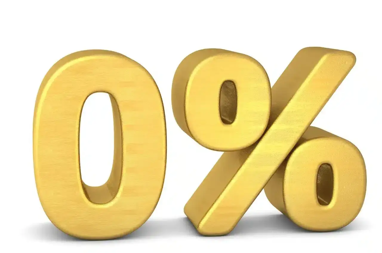 Złote cyfry 0% na białym tle. Idealna okazja na kredyt 0%.
