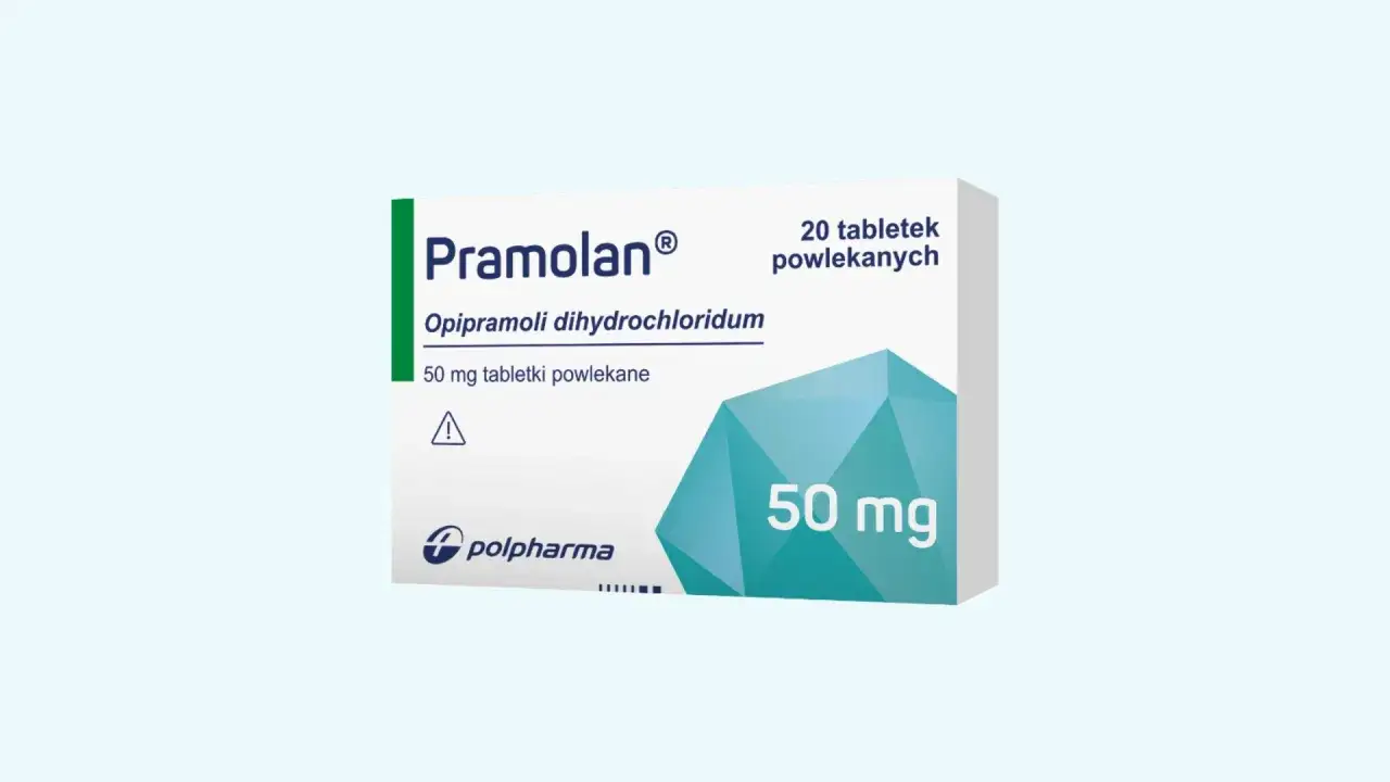 Opakowanie leku Pramolan, zawierające 20 tabletek powlekanych po 50 mg. Substancją czynną jest opipramoli dihydrochloridum.