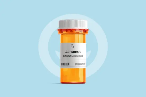 Pomarańczowa buteleczka leku Janumet (sitagliptin/metformin) od Adamed.