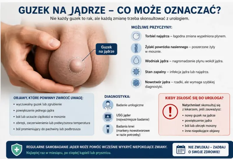 Guzek na jądrze, który może oznaczać różne rzeczy, od łagodnych zmian po nowotwór. Ból lub uczucie ciężkości w mosznie to jeden z objawów.