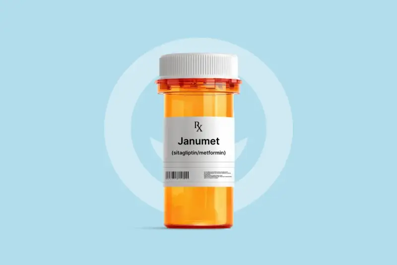 Pomarańczowa buteleczka leku Janumet (sitagliptin/metformin) od Adamed.