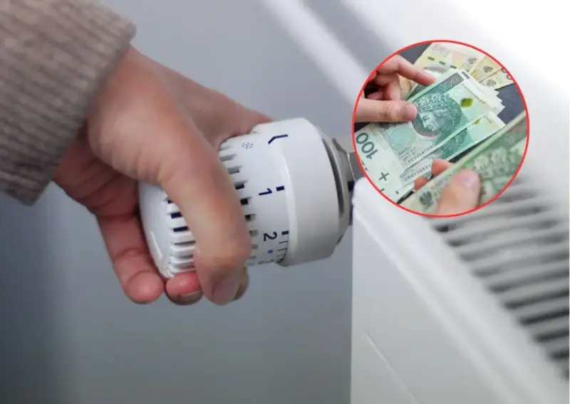 Ręka reguluje termostat grzejnika, a w tle widać polskie banknoty. To symbol oszczędzania na ogrzewaniu, być może dzięki bonowi ciepłowniczy.